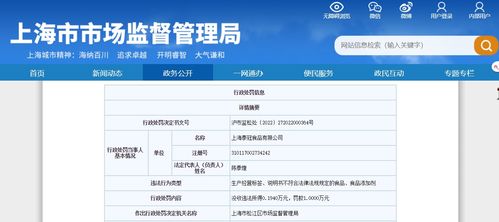 上海市松江區(qū)市場(chǎng)監(jiān)督管理局關(guān)于上海泰冠食品的行政處罰信息